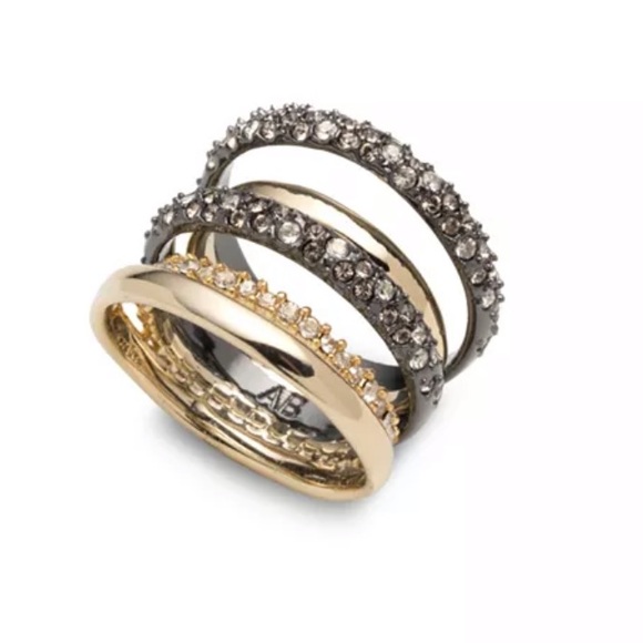 Alexis Bittar Two Toned Gold & Gunmetal Pavé Orbiting Crystal Layered Ring 7 - Picture 2 of 16